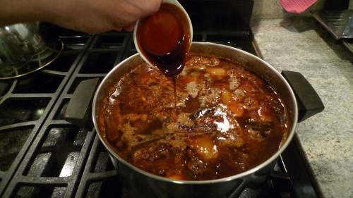 Add 2 spoons of soy sauce paste to the pot