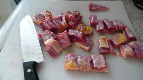 Chop the meat into small pieces/cubes. I cleaned my brisket off of extra "skin" pieces so it is not too chewy